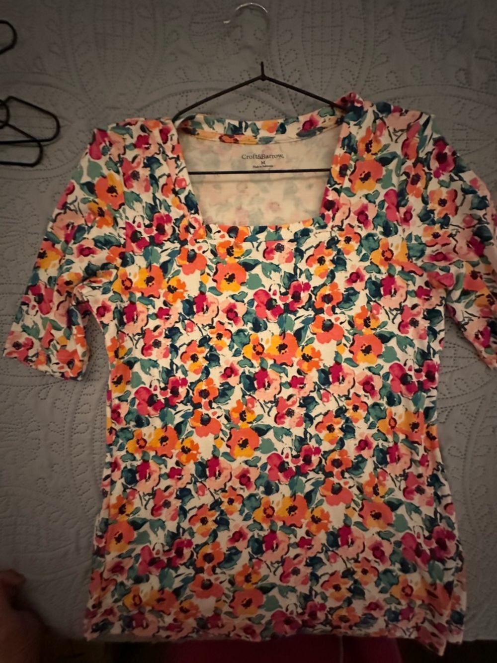 croft & barrow Floral Square-Neck Short Sleeve Tee in Cream, Pink, Orange, Teal